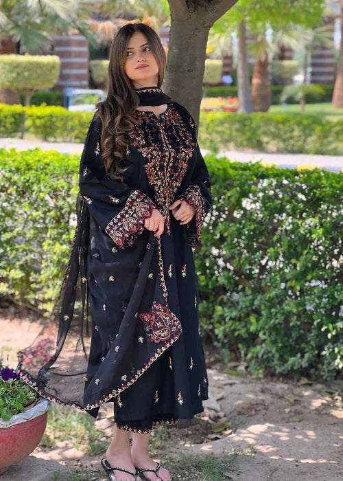 Marwa Lawn Embroidered - 3 Pieces - Black - Stylosefashion