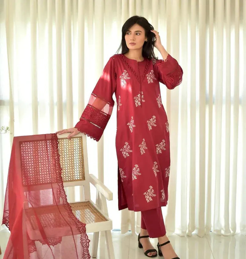 HORIYA MEHROON LAWN CORD SET - Stylosefashion