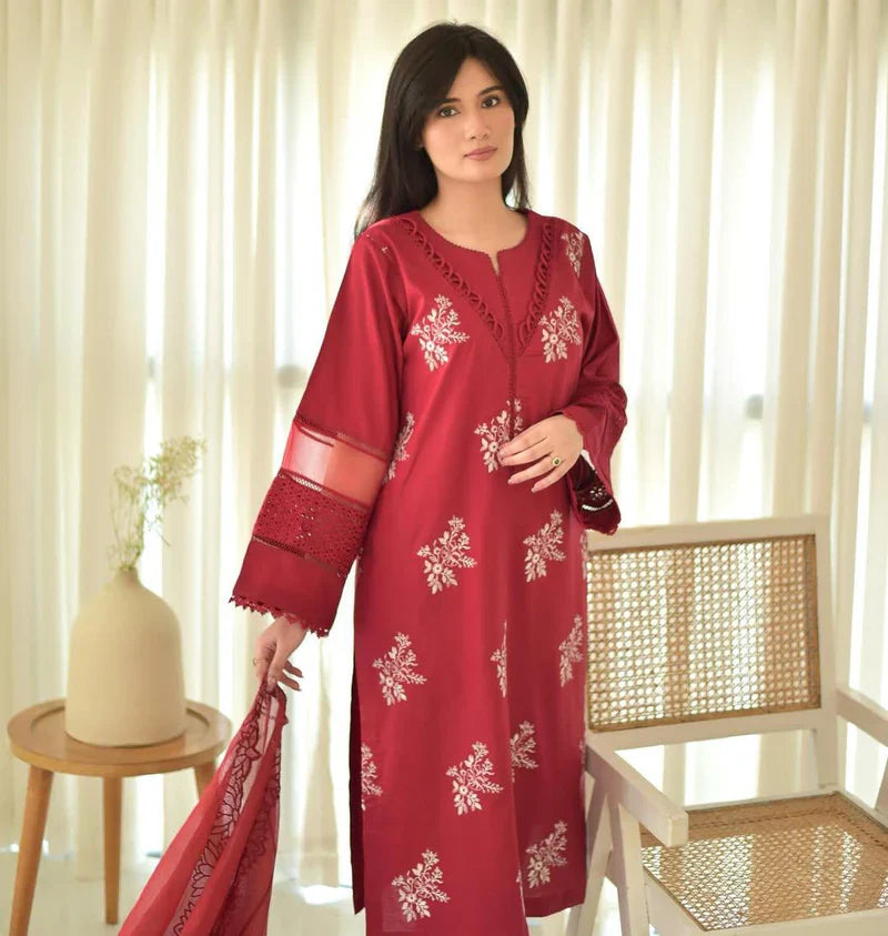 HORIYA MEHROON LAWN CORD SET - Stylosefashion