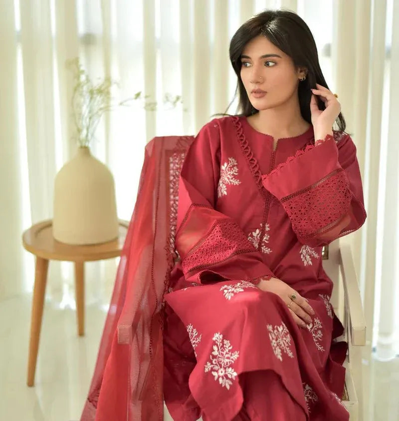 HORIYA MEHROON LAWN CORD SET - Stylosefashion