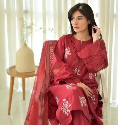 HORIYA MEHROON LAWN CORD SET - Stylosefashion